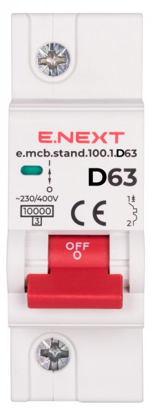 S026011 Модульный автоматический выключатель e.mcb.stand.100.1.D63, 1р, 63А, D, 10кА