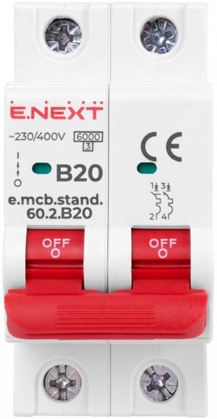 S001118 Модульный автоматический выключатель e.mcb.stand.60.2.B20, 2р, 20А, B, 6кА