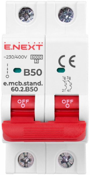 S001122 Модульный автоматический выключатель e.mcb.stand.60.2.B50, 2р, 50А, B, 6кА
