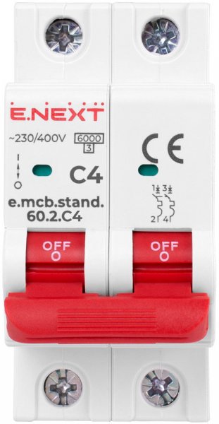 S002143 Модульный автоматический выключатель e.mcb.stand.60.2.C4, 2р, 4А, C, 6кА