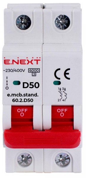 S026131 Модульный автоматический выключатель e.mcb.stand.60.2.D50, 2р, 50А, D, 6кА
