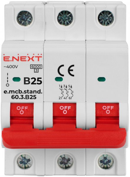 S001128 Модульный автоматический выключатель e.mcb.stand.60.3.B25, 3р, 25А, B, 6кА