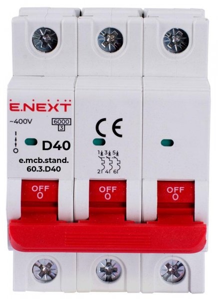S026146 Модульный автоматический выключатель e.mcb.stand.60.3.D40, 3р, 40А, D, 6кА