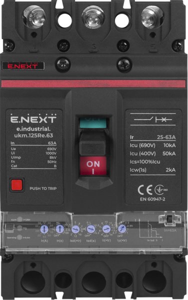 I0770055 Силовой автоматический выключатель e.industrial.ukm.125Re.63 с электронным расцепителем, 3р, 63А