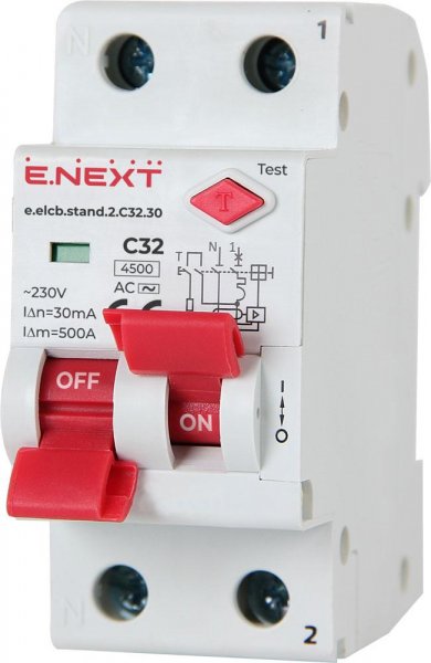 P0620008 Вимикач диференційного струму (дифавтомат) e.elcb.stand.2.C32.30, 2р, 32А, C, 30мА з розділеною рукояткою