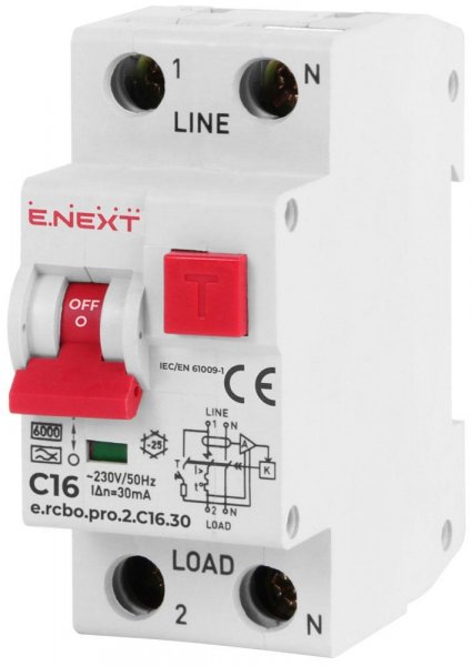 P0720001 Выключатель дифференциального тока e.rcbo.pro.2.C06.10, 1P+N, 6А, С, тип А, 10мА