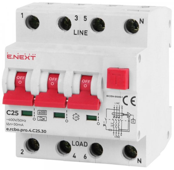 P0720016 Выключатель дифференциального тока e.rcbo.pro.4.C25.30, 3P+N, 25А, С, тип А, 30мА