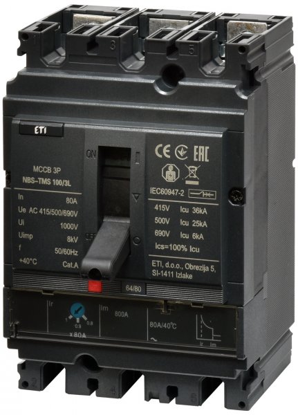 4673006 Авт. выключатель NBS-TMS 100/3L 80A (36kA, (0.8-1)In/фикс.) 3P ETI