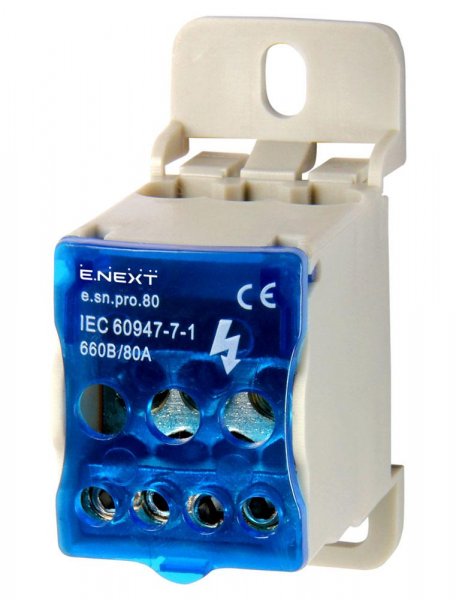 P0680001 Блок розподільчий e.sn.pro. 80 на DIN-рейку, 80А (вхід 1*6,,,16 кв.мм/вихід 4*2,5...6, 2*2,5...16 кв.мм)