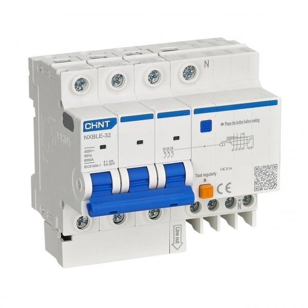 982116 Дифференциальный выключатель NXBLE-63 3P+N C40 30mA, эл. тип АС, 6kA Chint