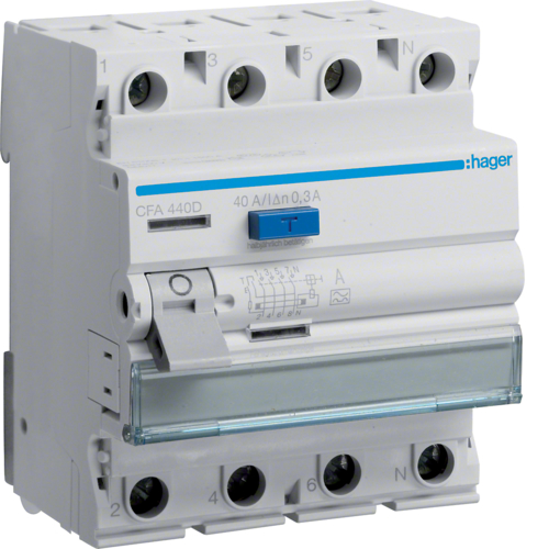 CFA440D Дифференциальное реле (УЗО) 4P 6kA 40A 300mA A Hager