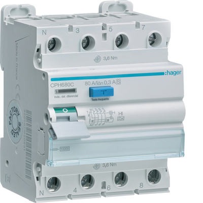 CPH680C Диференціальне реле (ПЗВ) 4P 10kA 80A 300mA A-Hi S Hager