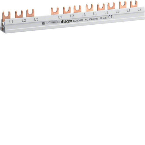 KDN363F Шина фазна 3P 10мм² 12M (1xПЗВ 4п + 8хАвт. Вим. 1п) Hager