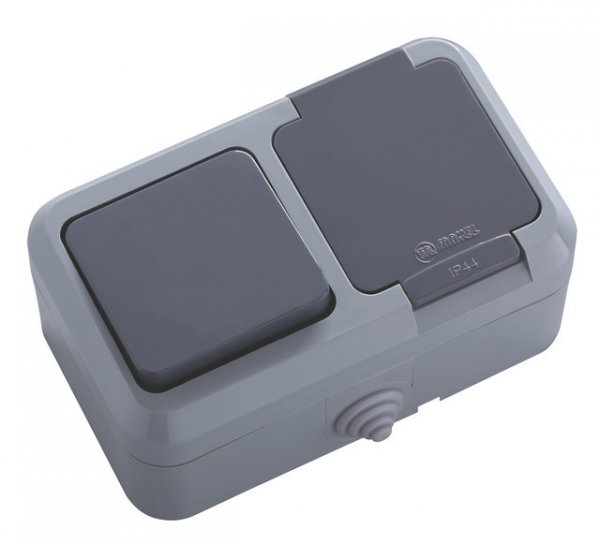 Вимикач 1-клавішний+розетка з кришкою IP44 сірий 18150 Makel