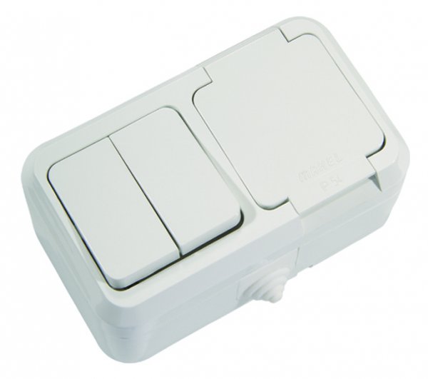 Вимикач 2-клавішний+розетка з кришкою IP44 біла 18351 Makel