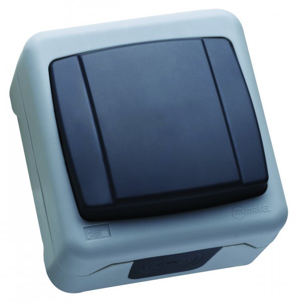 Вимикач 1-клавішний прохідний IP55 сірий 36064005 Makel