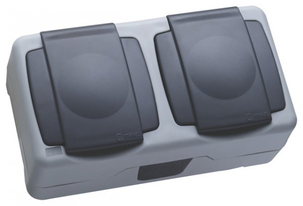 Розетка 2-на з заземленням та кришкою IP55 сірий 36064201 Makel