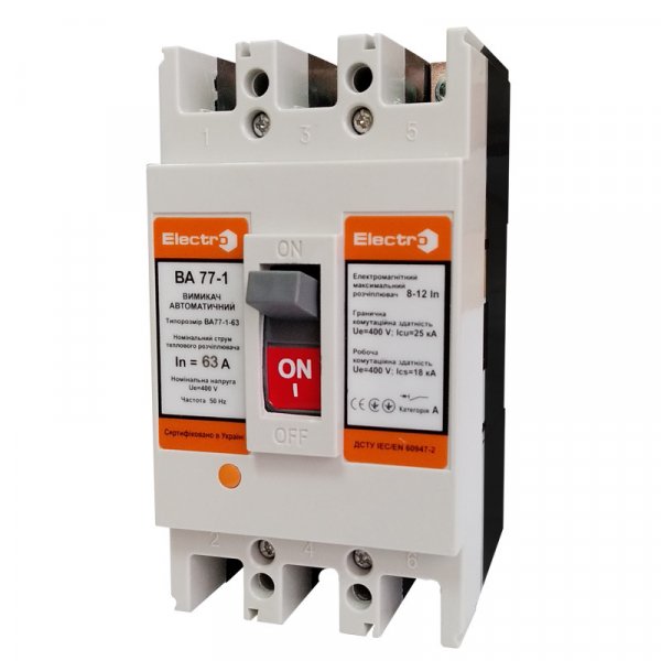 Автоматический выключатель ВА77-1-63, 3Р, 10А, 10In (8-12In), Icu 25кА, Ics 18кА, 400В, Electro
