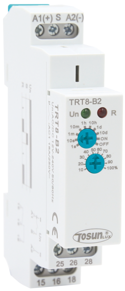 Реле затримки на вмикання TRT8-A1/A230 живлення AC 230B, діапазон 0,1 сек - 10 днів, вихід 1SPDT (перемикаючий контакт) 16A (AC1) TOSUNLux