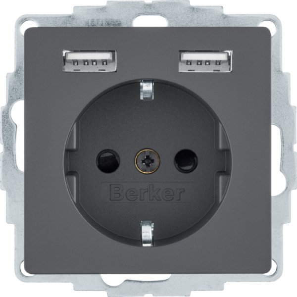 Розетка с з/к 16А/250В + 2хUSB A-A /2.4A, антрацит Q.x Berker 48036086
