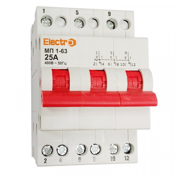 Перемикач навантаження трипозиційний МП 1-63 3P 25A I-0-II 230B/400B Electro