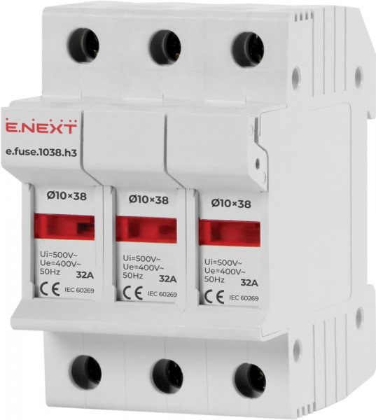 Держатель предохранителя на DIN-рейку e.fuse.1038.h3, под предохранитель 10x38, 3-полюсный, 32А i0300003