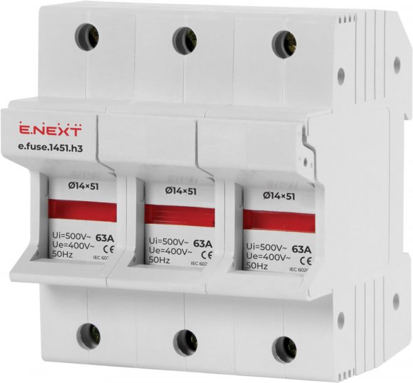 Утримувач запобіжника на Дін-рейку e.fuse.1451.h3, під запобіжник 14х51, 3р, 63А i0300006