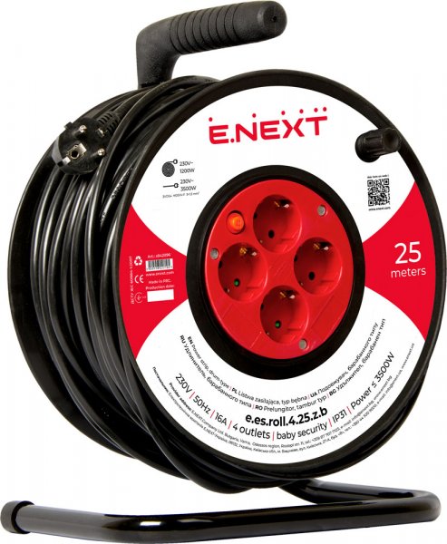 Удлинитель e.es.roll.4.25.z.b, барабанного типа, на катушке, с з/к, 25м, baby protect, провод 3х1,5 кв.мм s042096