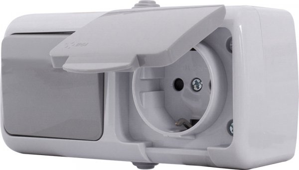 Розетка з з/к + вимикач одноклавішний e.aqua.1234.grg, для зовнішнього монтажу, IP54, сірий s035070