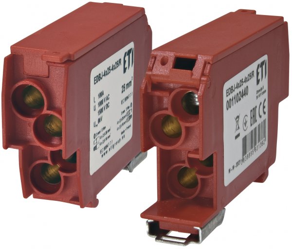 Блок розподільчий EDBJ-4x25-4x25/R (100A, 1000V AC/1500V DC, IN: 4x25, OUT: 4x25, червоний) ETI 1102440