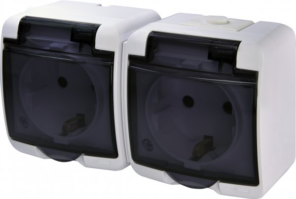 Розетка 2-на с з/к Schuko RHE-2sd (белая/прозрачная крышка, IP54) ETI 4668020