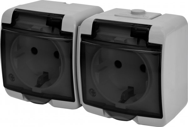 Розетка 2-на с з/к Schuko RHE-2sd-SR (серая/прозрачная крышка, IP54) ETI 4668073