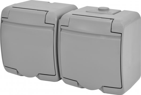 Розетка 2-на с з/к Schuko RHE-2s-SR (серая/серая крышка, IP54) ETI 4668072