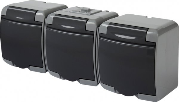 Розетка 3-на с з/к Schuko RHE-3s-SRG (серая/графит. крышка, IP54) ETI 4668108