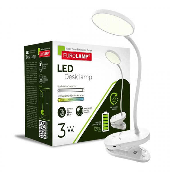 EUROLAMP LED Світильник настільний на прищіпці SMART 3W 2700-6000K dimmable USB+BATTERY white (80) LED-TLB-3W(P)USB