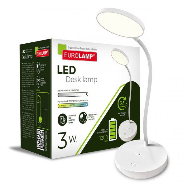 EUROLAMP LED Світильник настільний SMART 3W 2700-6000K dimmable USB+BATTERY white (80) LED-TLB-3W(white)USB(A)