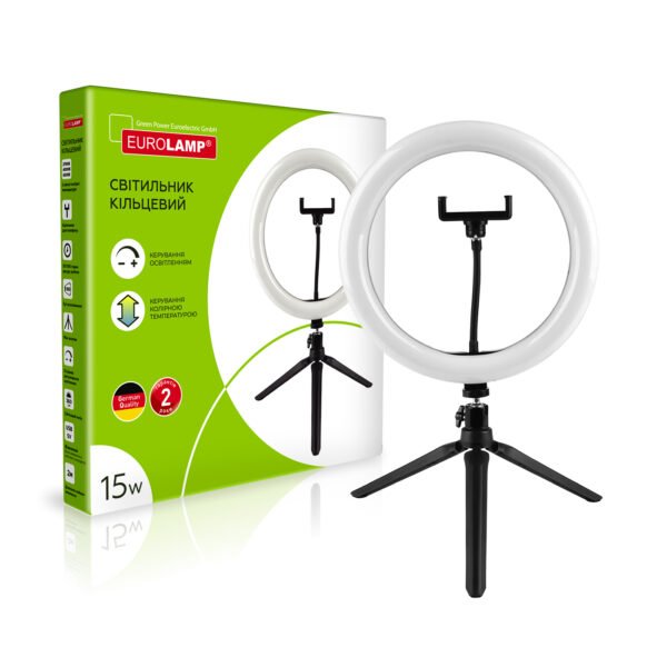 EUROLAMP LED Світильник кільцевий 15W 2700-6500K контролер + тримач для телефона чорний (40) LED-RL-15W(black)