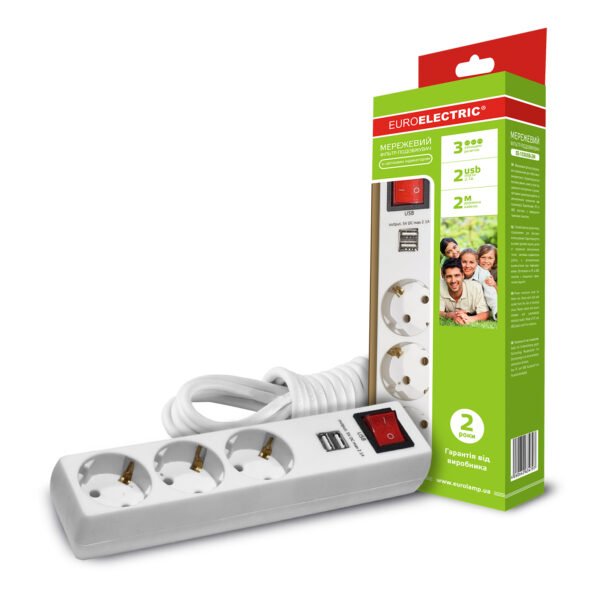 EUROELECTRIC Сетевой фильтр-удлинитель Х3, 10А, 2М с USB (20) EE-103USB-2M