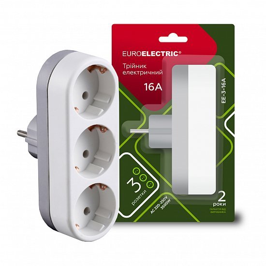 EUROELECTRIC Сетевой тройник с заземлением X3, 16A (100) EE-3-16A