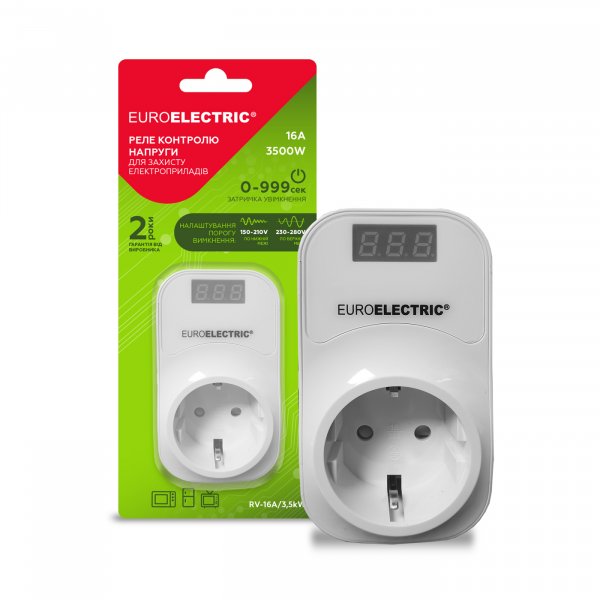 EUROELECTRIC Реле контроля напряжения в розетку 16А 3,5кВт 150V-210V 230V-280V (50) RV-16A/3,5kW
