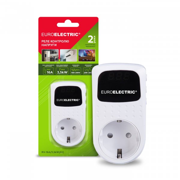 EUROELECTRIC Реле контроля напряжения в розетку "AV" 16А 3,5кВт 150V-210V 230V-280V (50) RV-16A/3,5kW(AV)