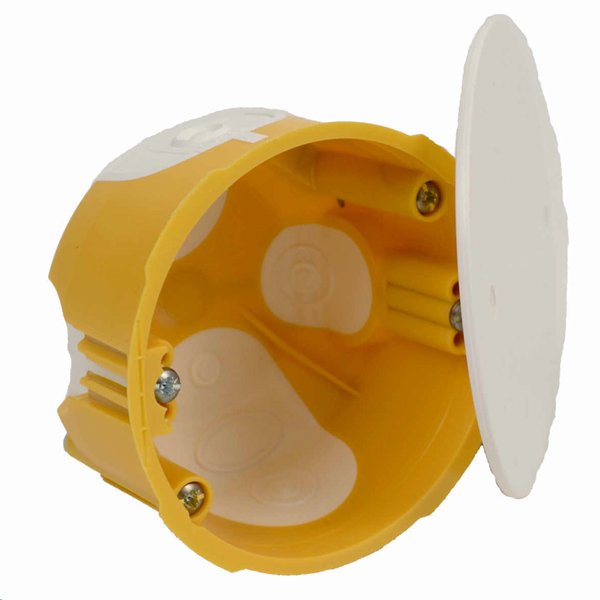 Коробка універсальна в пустотілі стіни; з кришкою; з еластичними вводами; ПВХ; жовта; Ø73х45мм