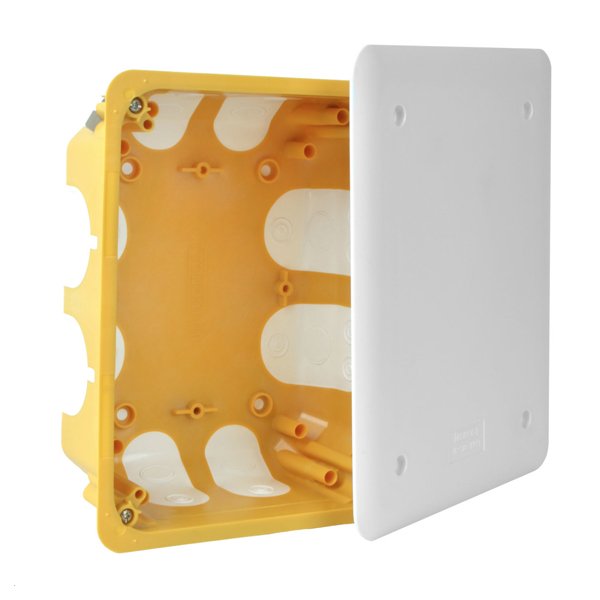 Коробка розподільча в пустотілі стіни; з кришкою; з еластичними вводами; ПВХ; жовта; 193х153х72мм