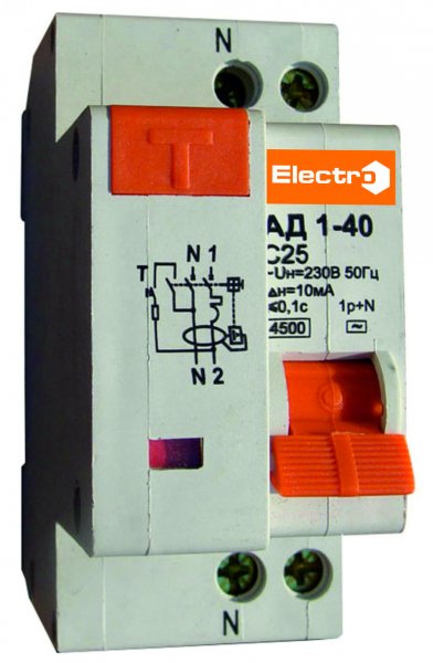 Диф. автомат АД 1-40 1Р+N 25А 10mA 4,5 kA електронний Electro