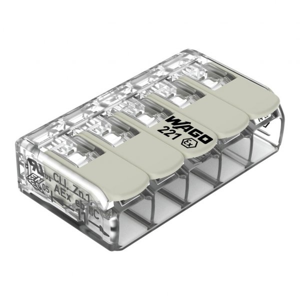 Пятиконтактная универсальная клемма Wago 221-485 Ex 0,2-4 мм² (прозрачная)