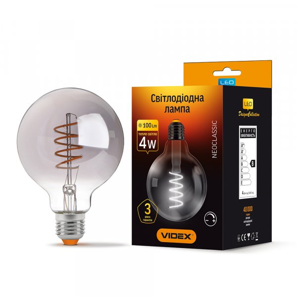 LED лампа VIDEX Filament G95FGD 4W E27 2100K диммируемая графит