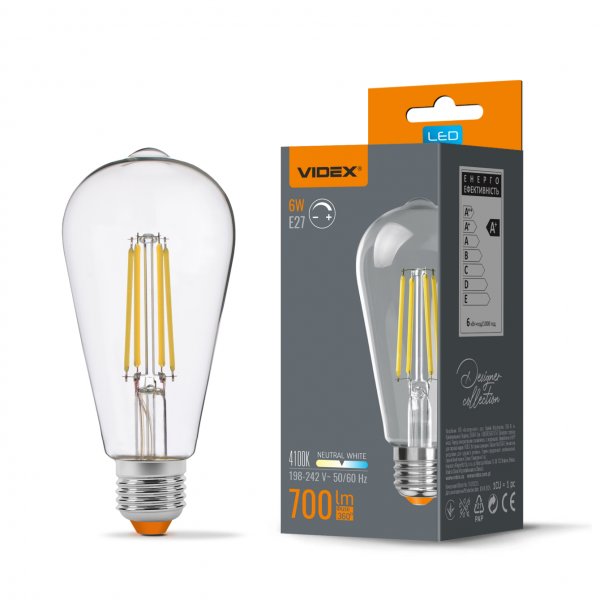 LED лампа VIDEX Filament ST64FD 6W E27 4100K диммируемая