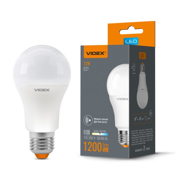 Сенсор LED лампа VIDEX A60e 12W E27 4100K з датчиком руху та освітленості