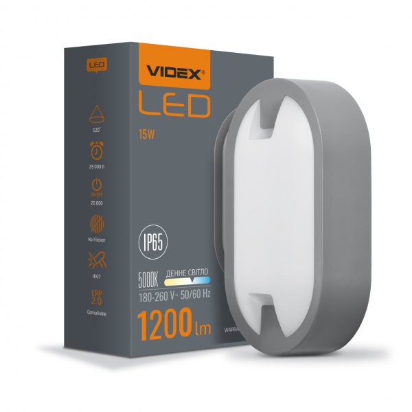 LED светильник IP65 овальный VIDEX 15W 5000K серый