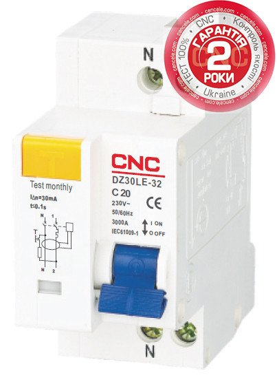 Диференційний вимикач DZ30LE-40, 25A, 1Р+N, 30mA, CNC